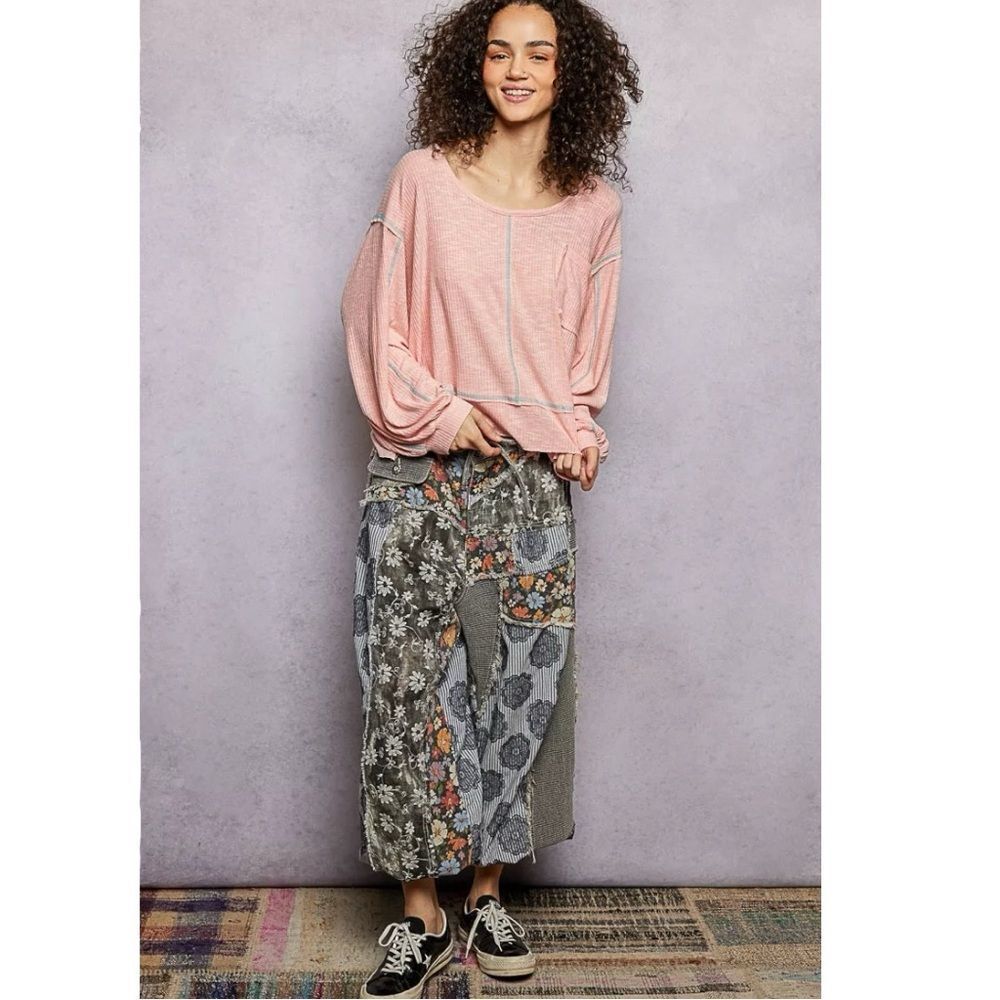 POL Blush Pink Ribbed Oversized Top Exposed Seam Pocket Boho Long Sleeve Med NEW - Picture 3 of 15